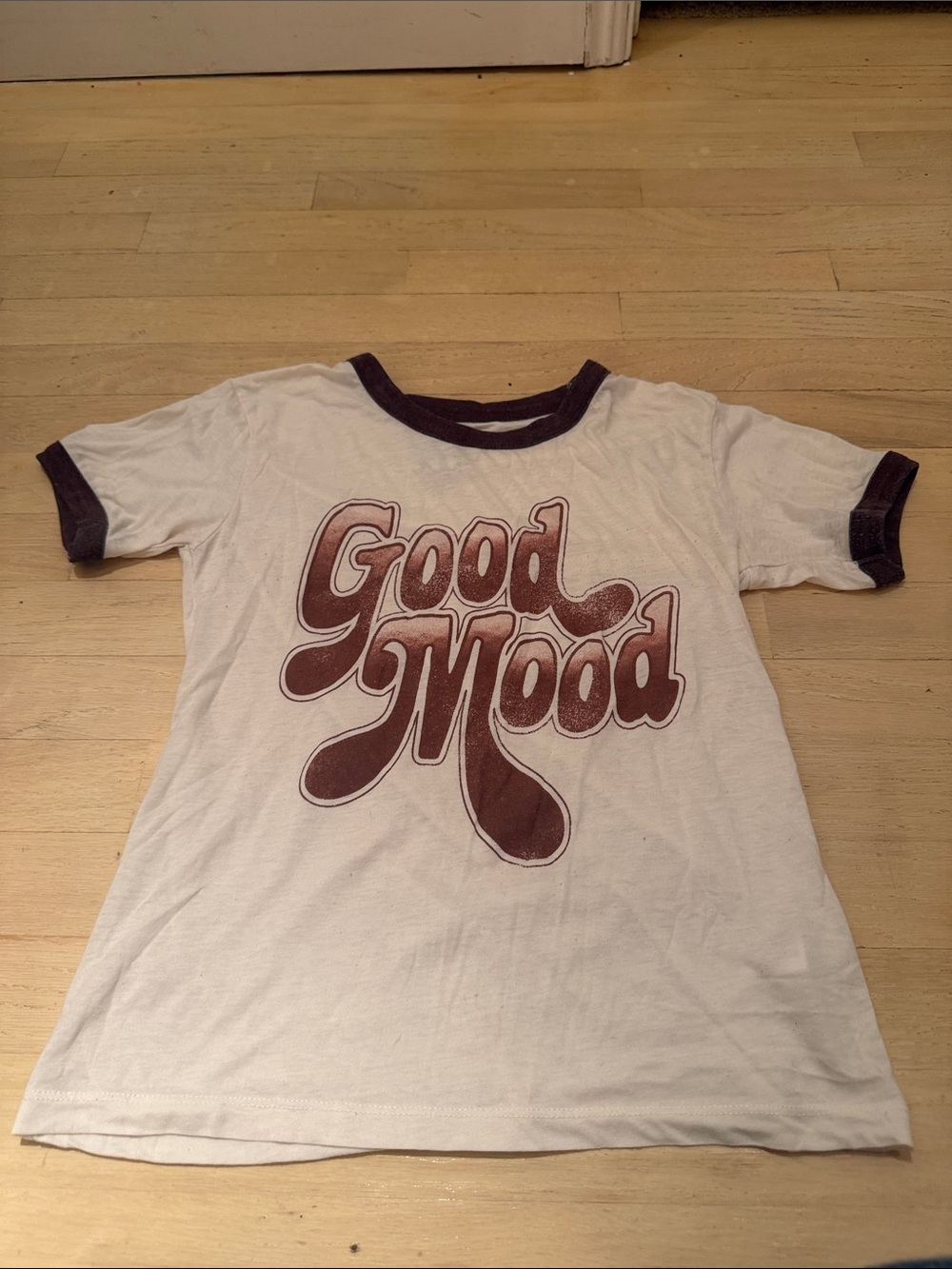 Chaser White Ringer Tee with Brown Retro "Good Mood" Graphic
